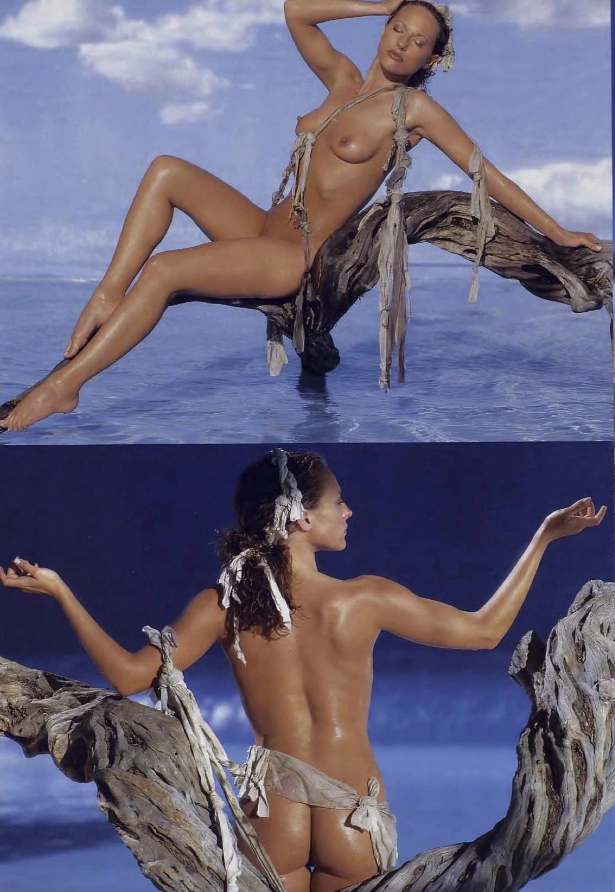 Jerri Manthey posing nude on driftwood in a beach setting during her Playboy Survivor pictorial