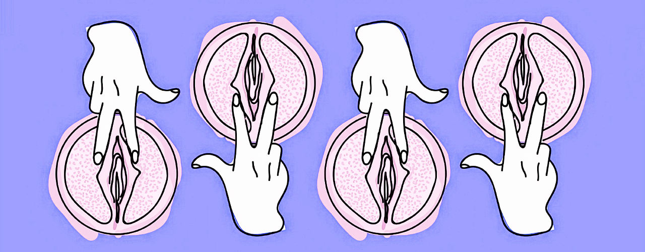 Illustration of female fingers that open vulva